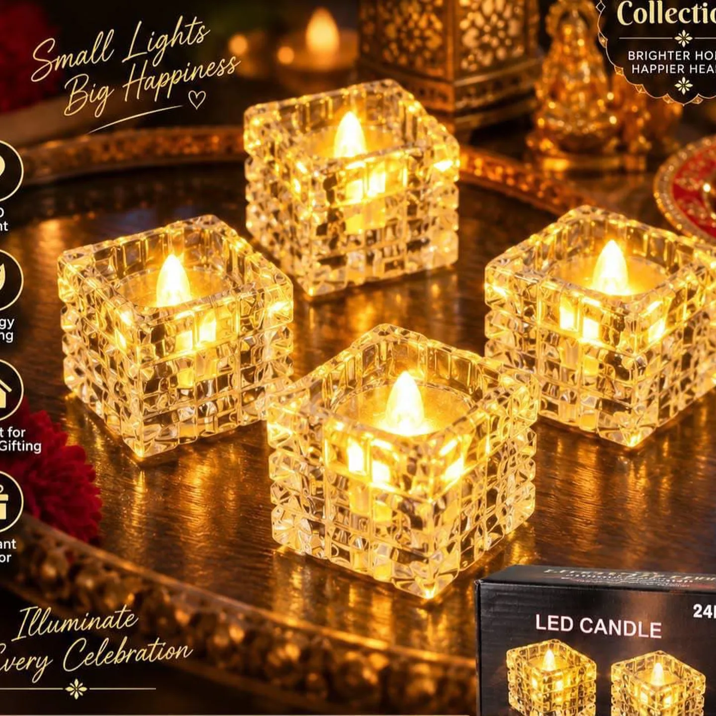 Crystal Cube LED Tealight Candles, Pack of 24