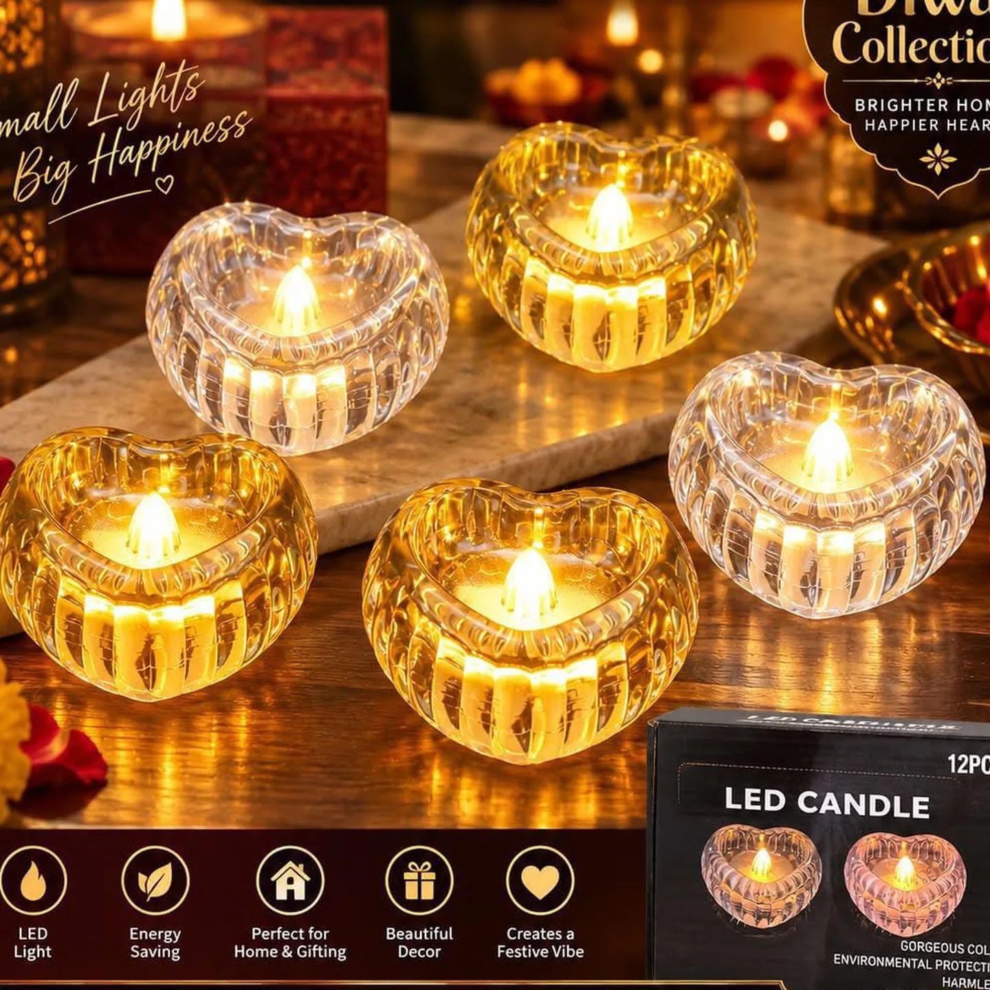Crystal Heart LED Tealight Candles, Pack of 12