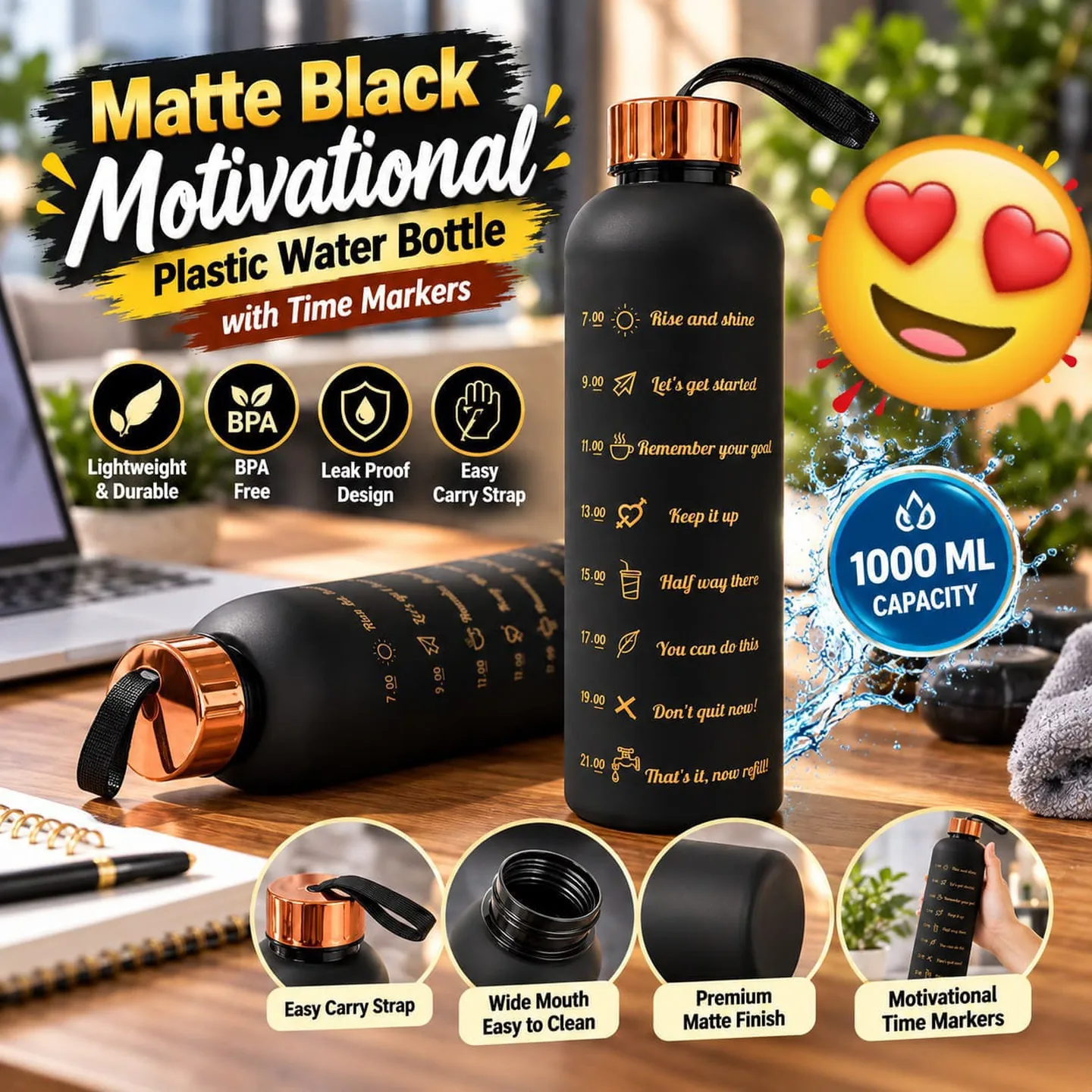 Matte Black Motivational Water Bottle 1000 ml
