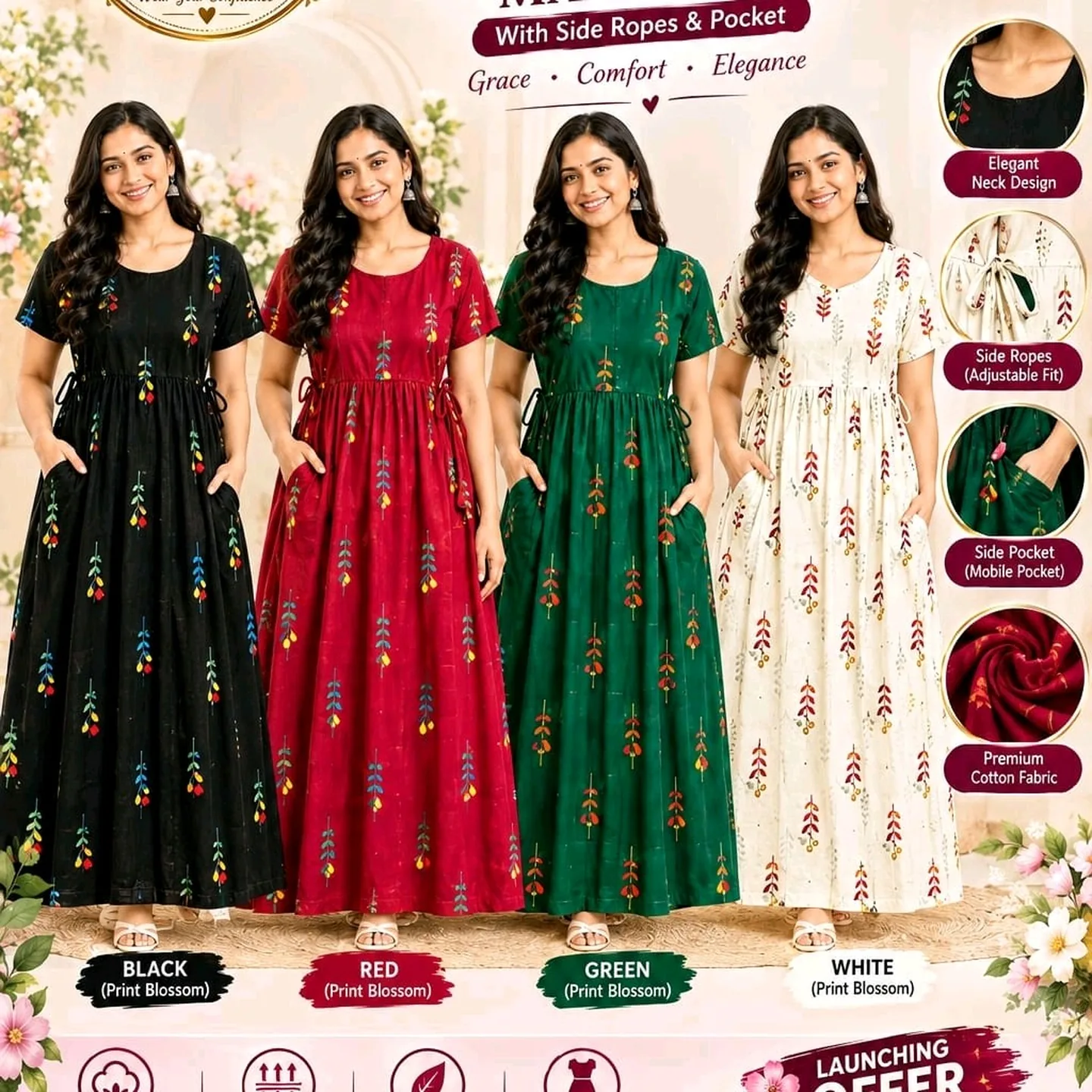 Blossom Cotton Maxi Dress with Side Ropes & Pockets