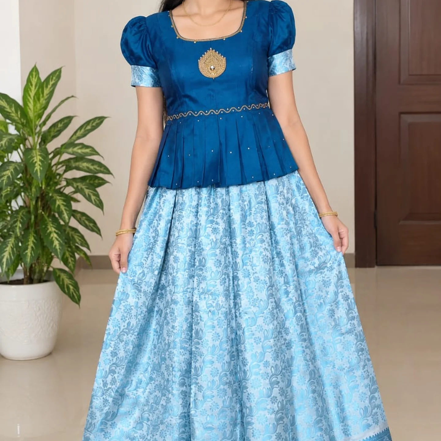 Girls' Semi Silk Pattu Pavadai Set - Blue & Light Blue