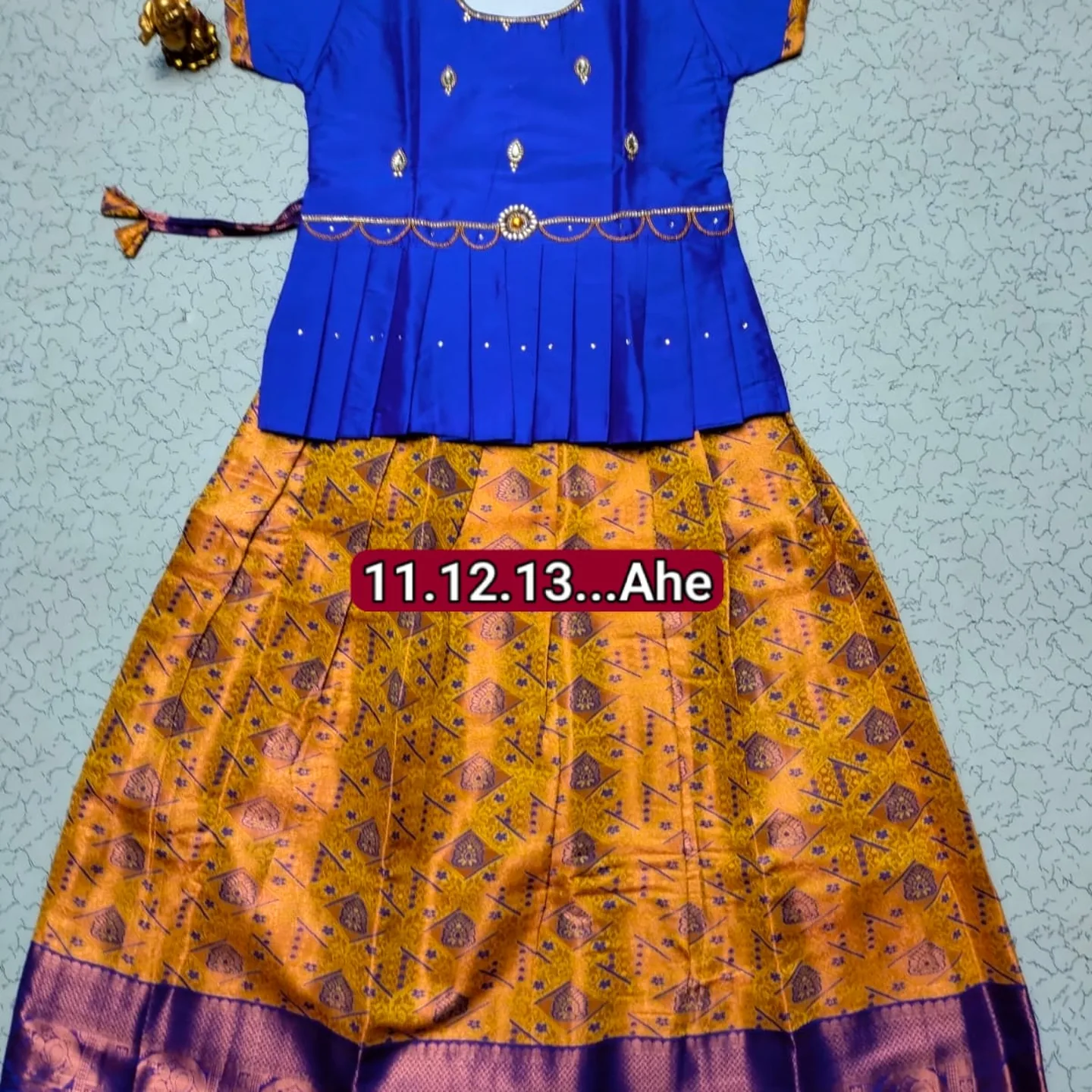 Girls' Semi Silk Pattu Pavadai Set - Blue & Mustard