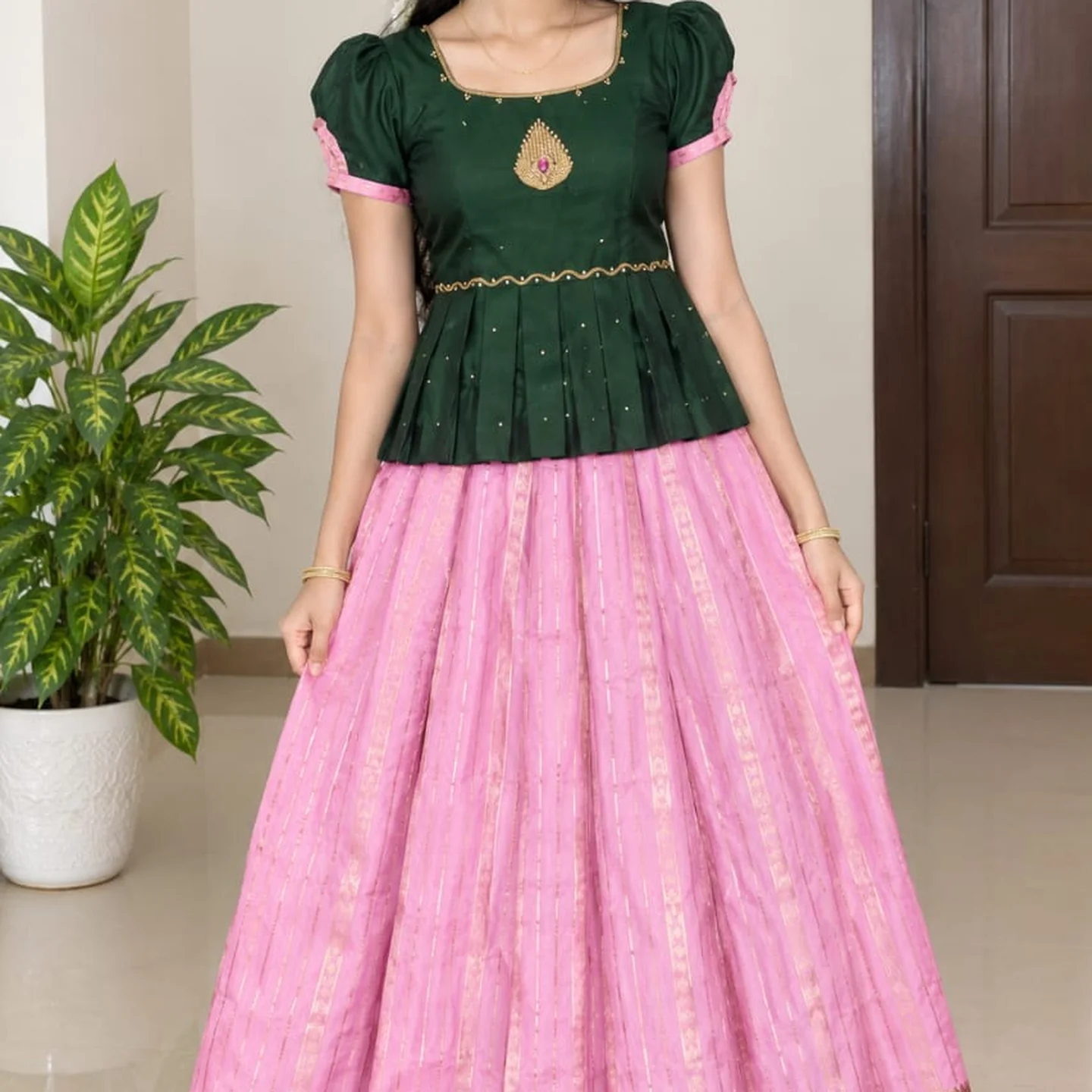 Girls' Semi Silk Pattu Pavadai Set - Bottle Green & Pink
