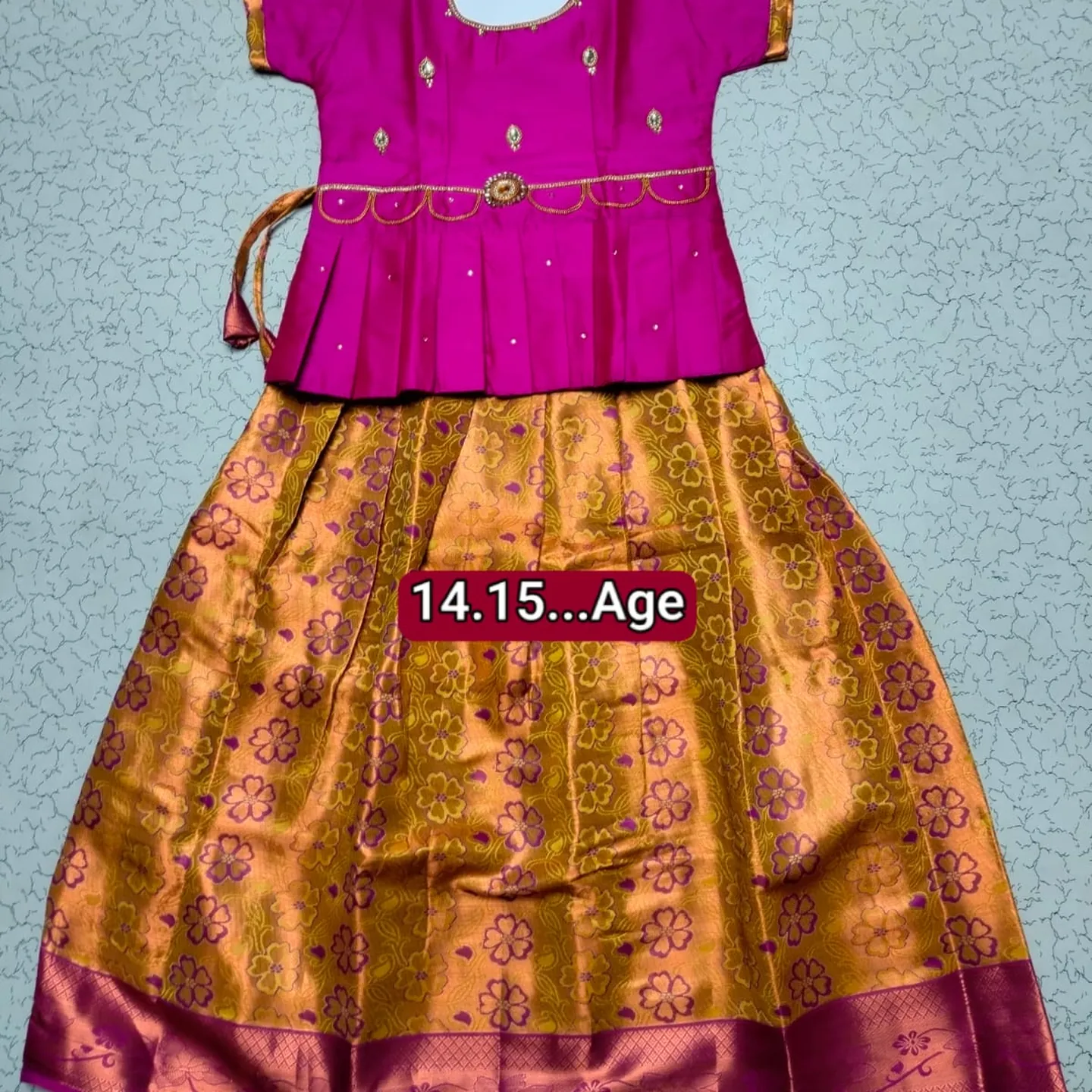 Girls' Semi Silk Pattu Pavadai Set - Magenta & Mustard