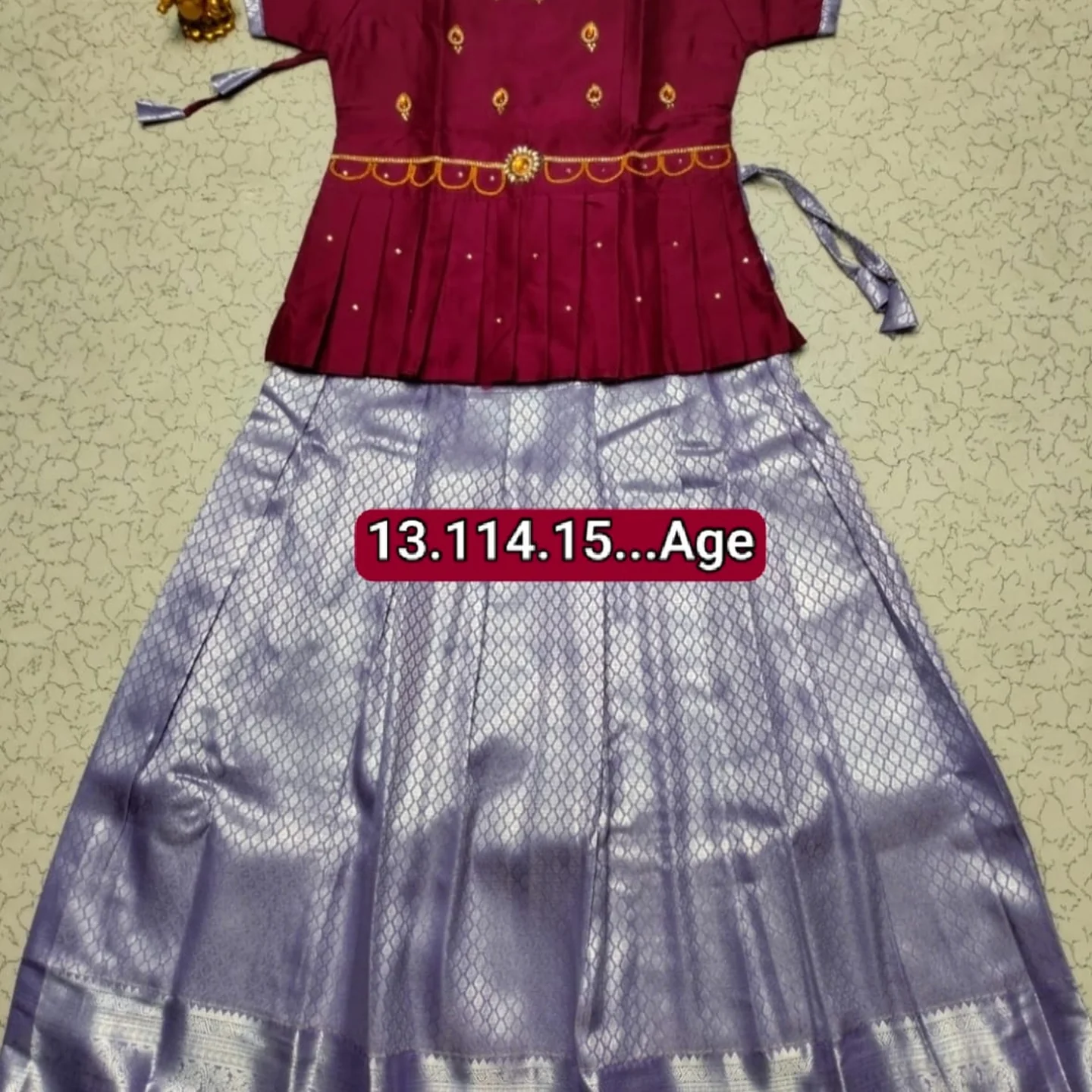 Girls' Semi Silk Pattu Pavadai Set - Maroon & Lavender