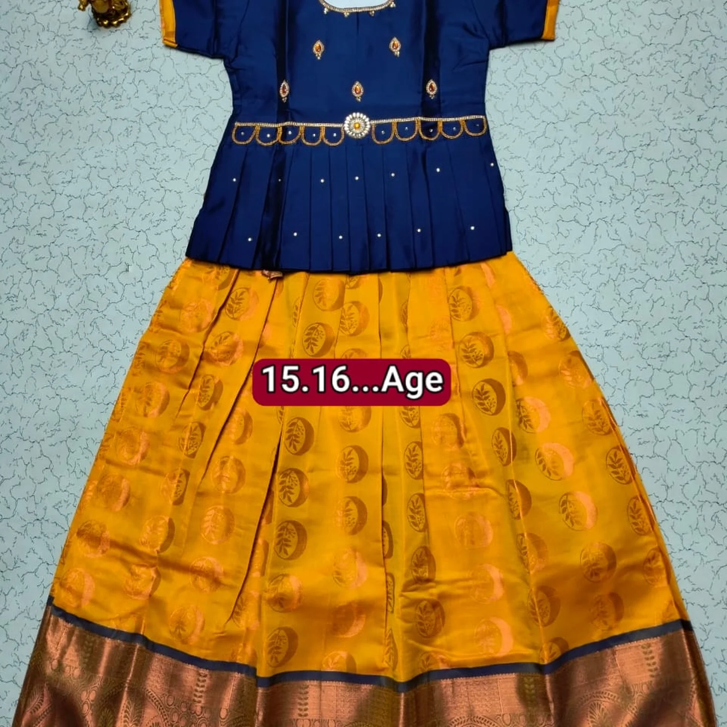 Girls' Semi Silk Pattu Pavadai Set - Navy & Yellow