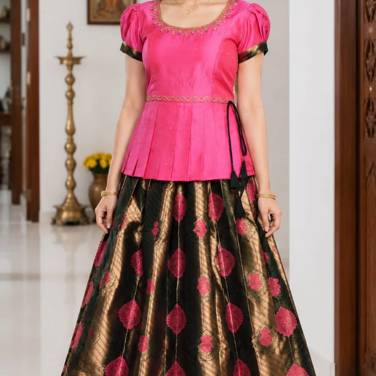 Girls' Semi Silk Pattu Pavadai Set - Pink & Black