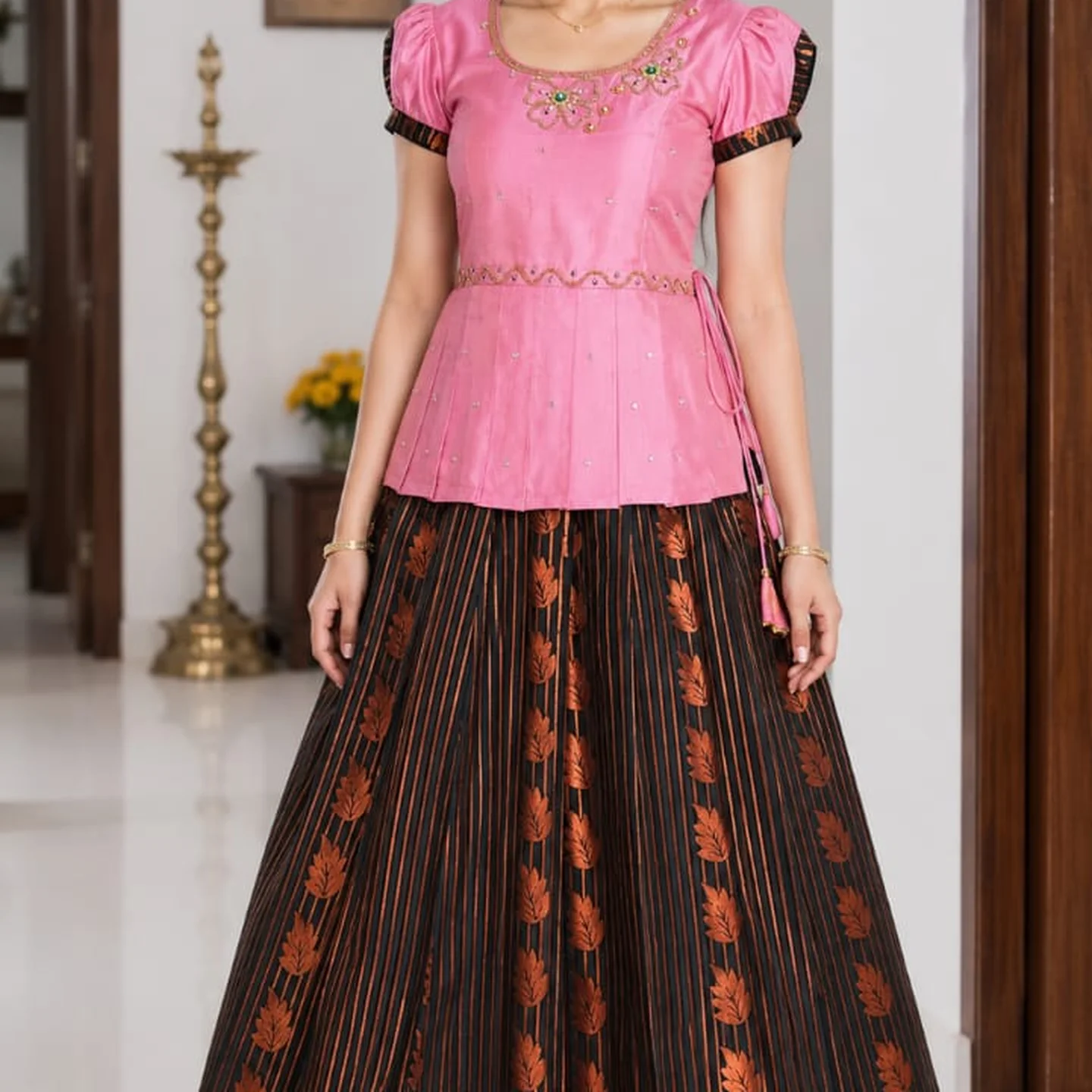 Girls' Semi Silk Pattu Pavadai Set - Pink & Black Stripe