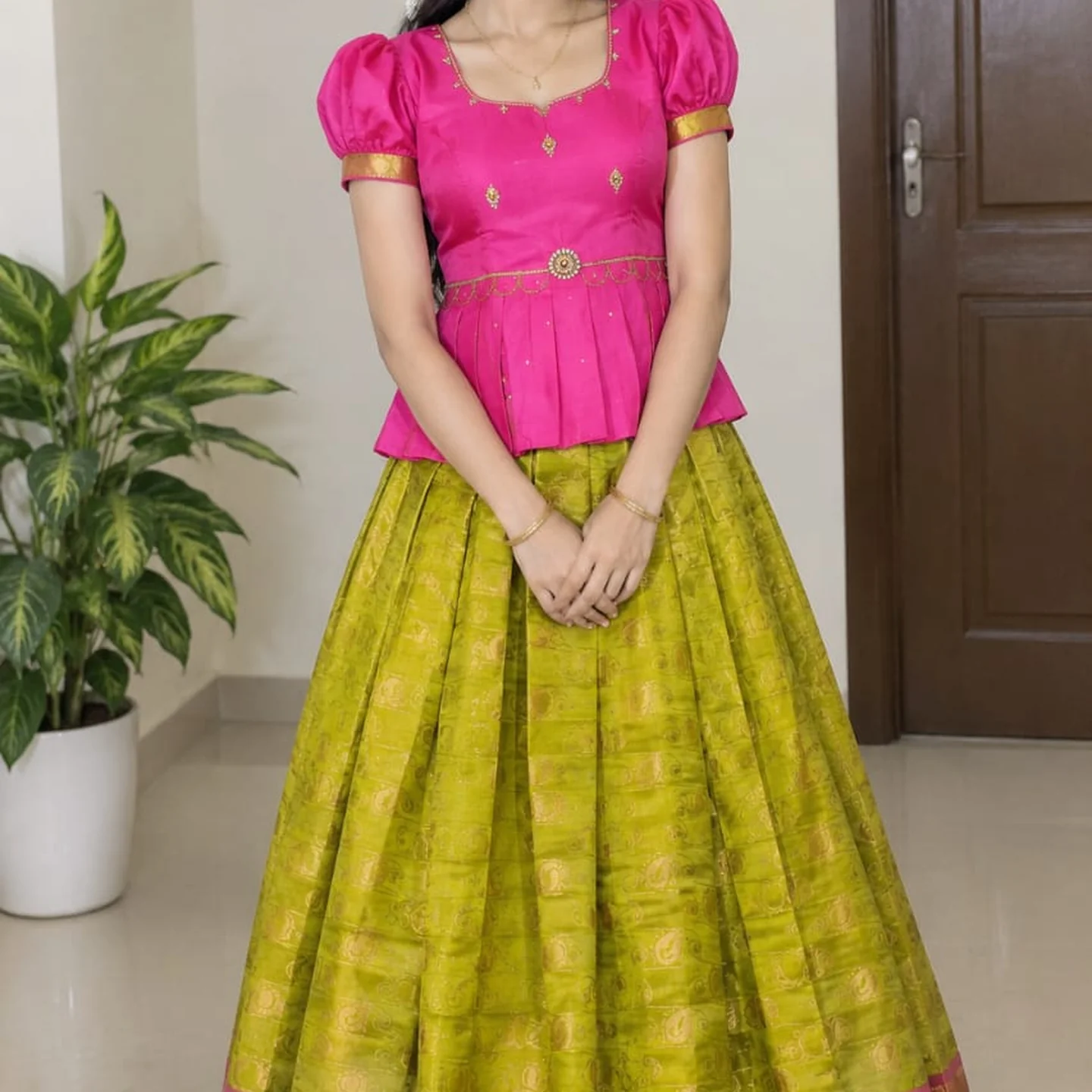 Girls' Semi Silk Pattu Pavadai Set - Pink & Olive