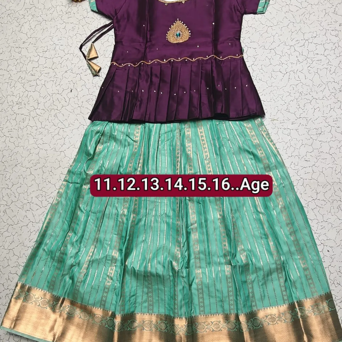 Girls' Semi Silk Pattu Pavadai Set - Purple & Sea Green