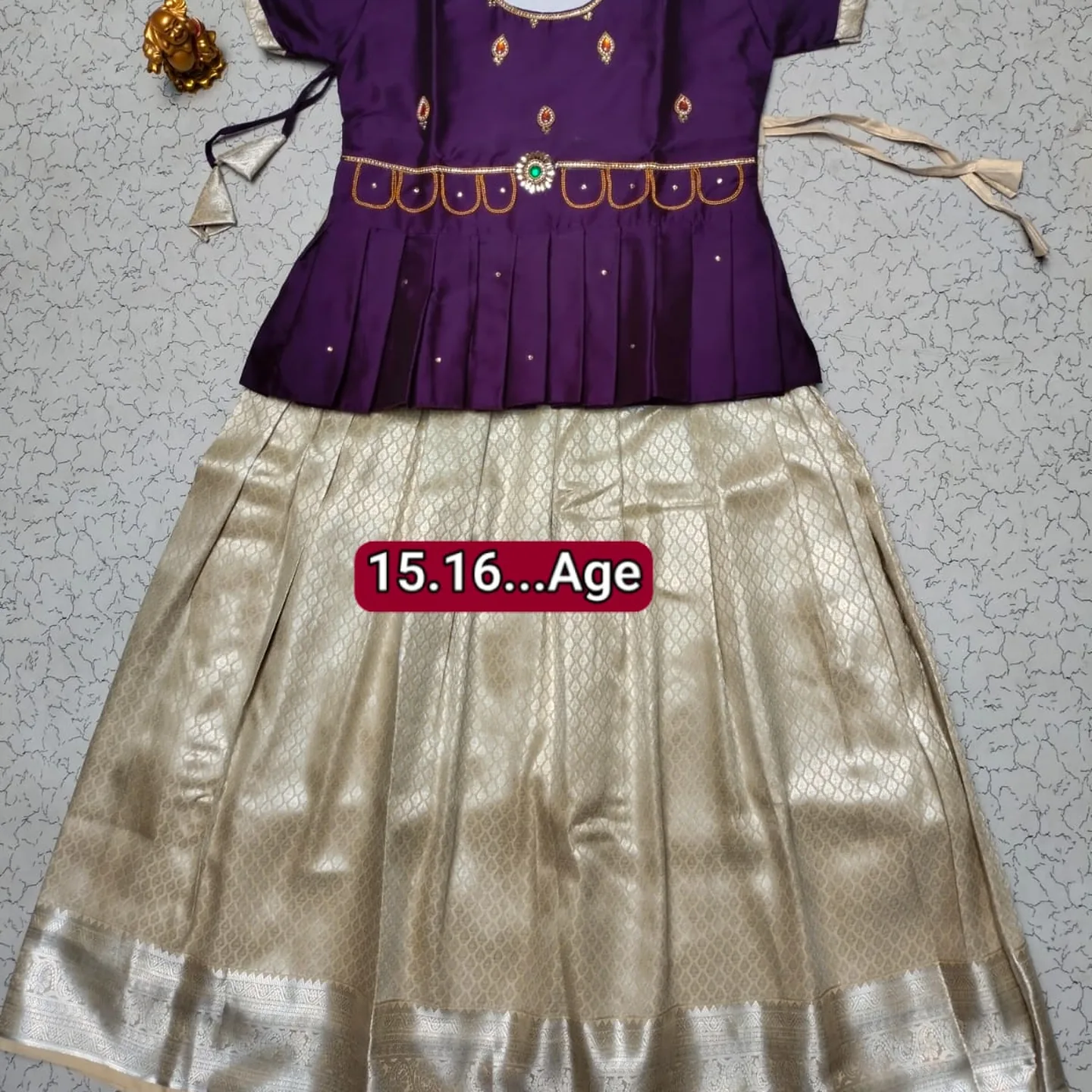 Girls' Semi Silk Pattu Pavadai Set - Purple & Silver