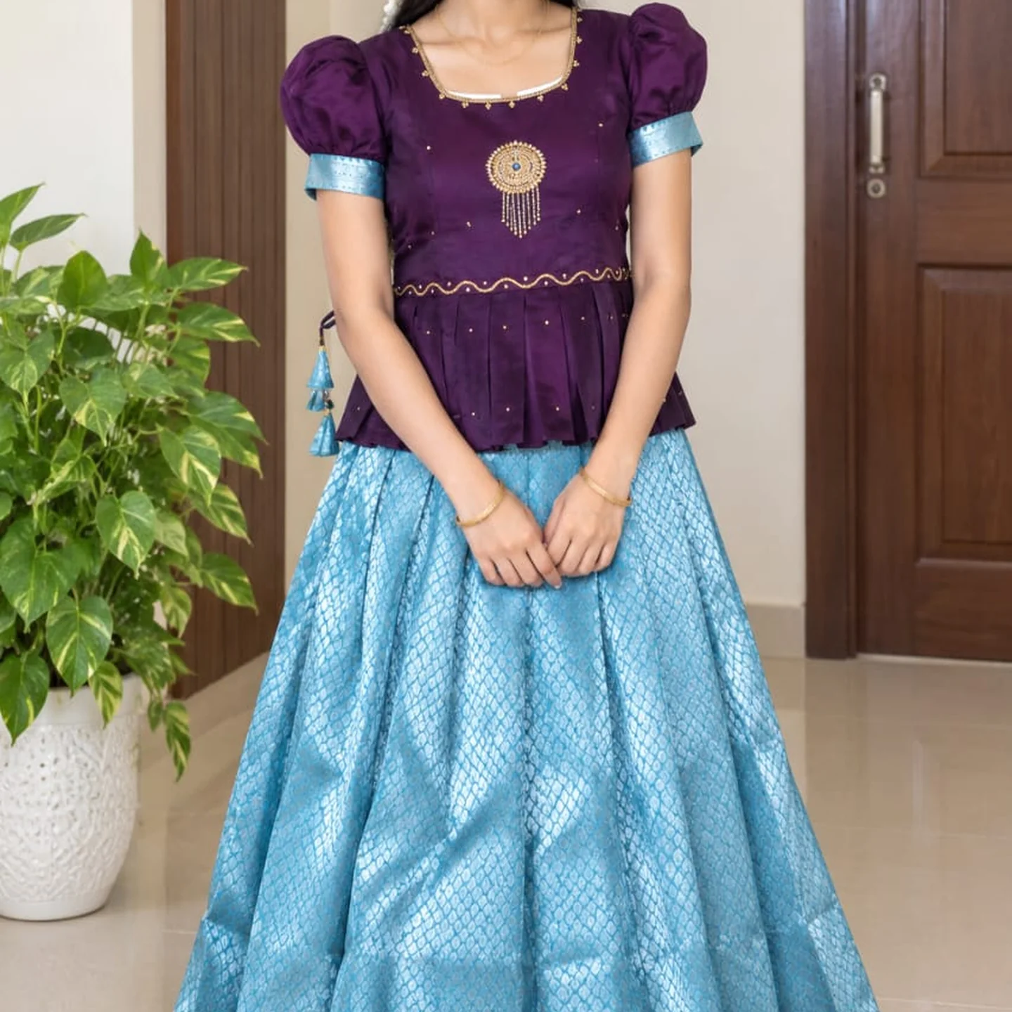 Girls' Semi Silk Pattu Pavadai Set - Purple & Sky Blue