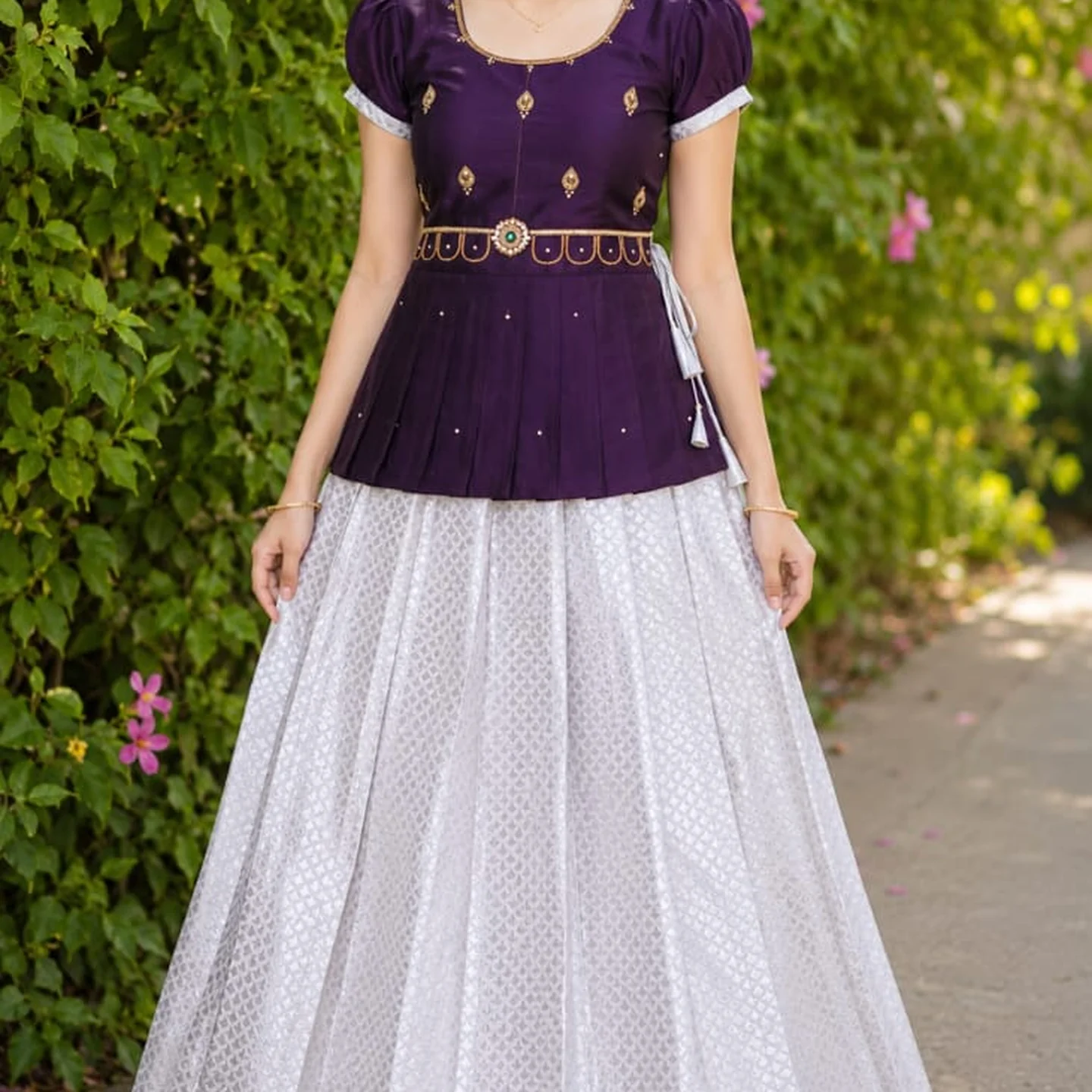 Girls' Semi Silk Pattu Pavadai Set - Purple & White