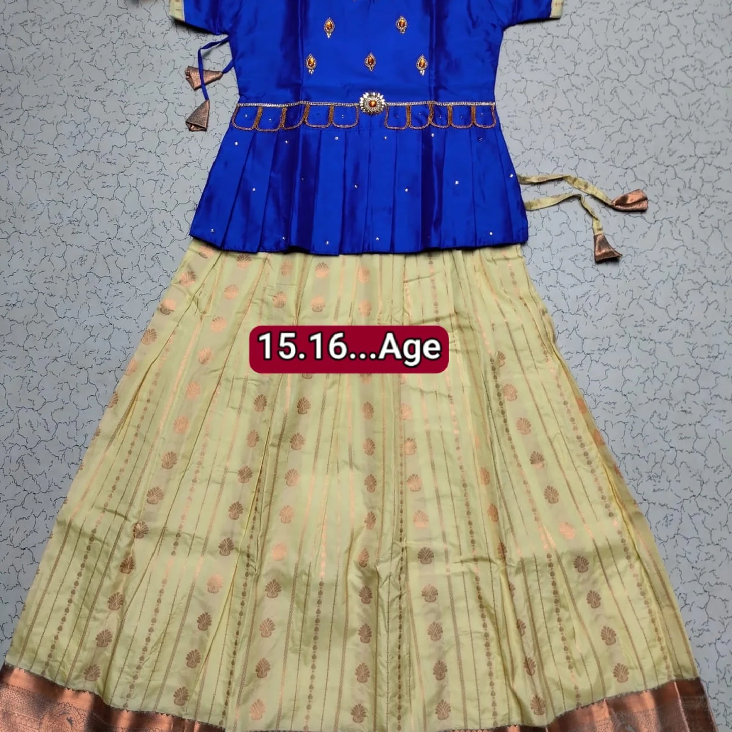 Girls' Semi Silk Pattu Pavadai Set - Royal Blue & Cream