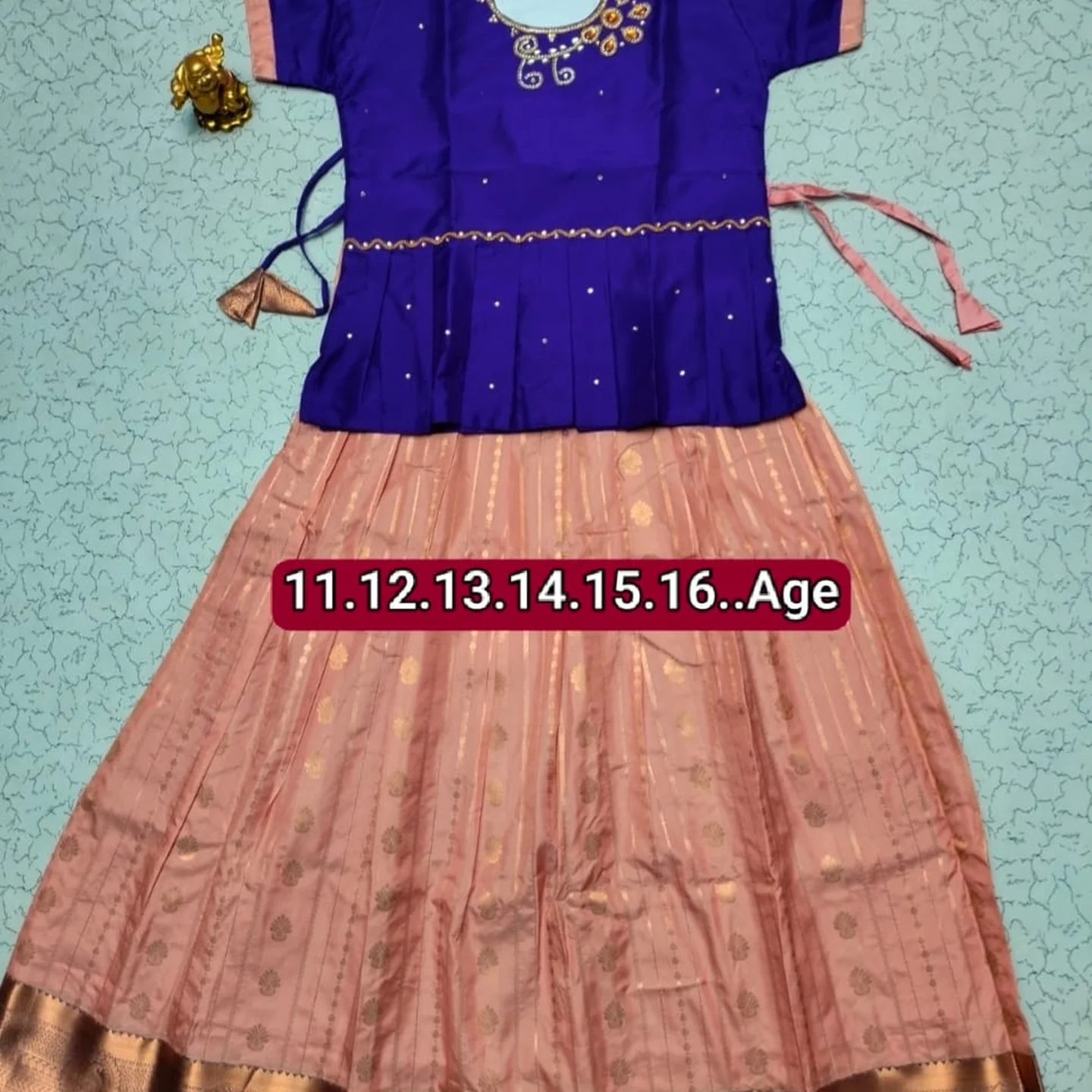 Girls' Semi Silk Pattu Pavadai Set - Royal Blue & Peach