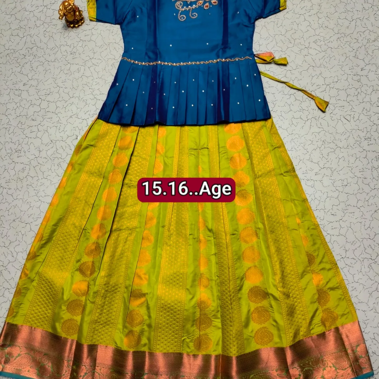 Girls' Semi Silk Pattu Pavadai Set - Teal & Lime