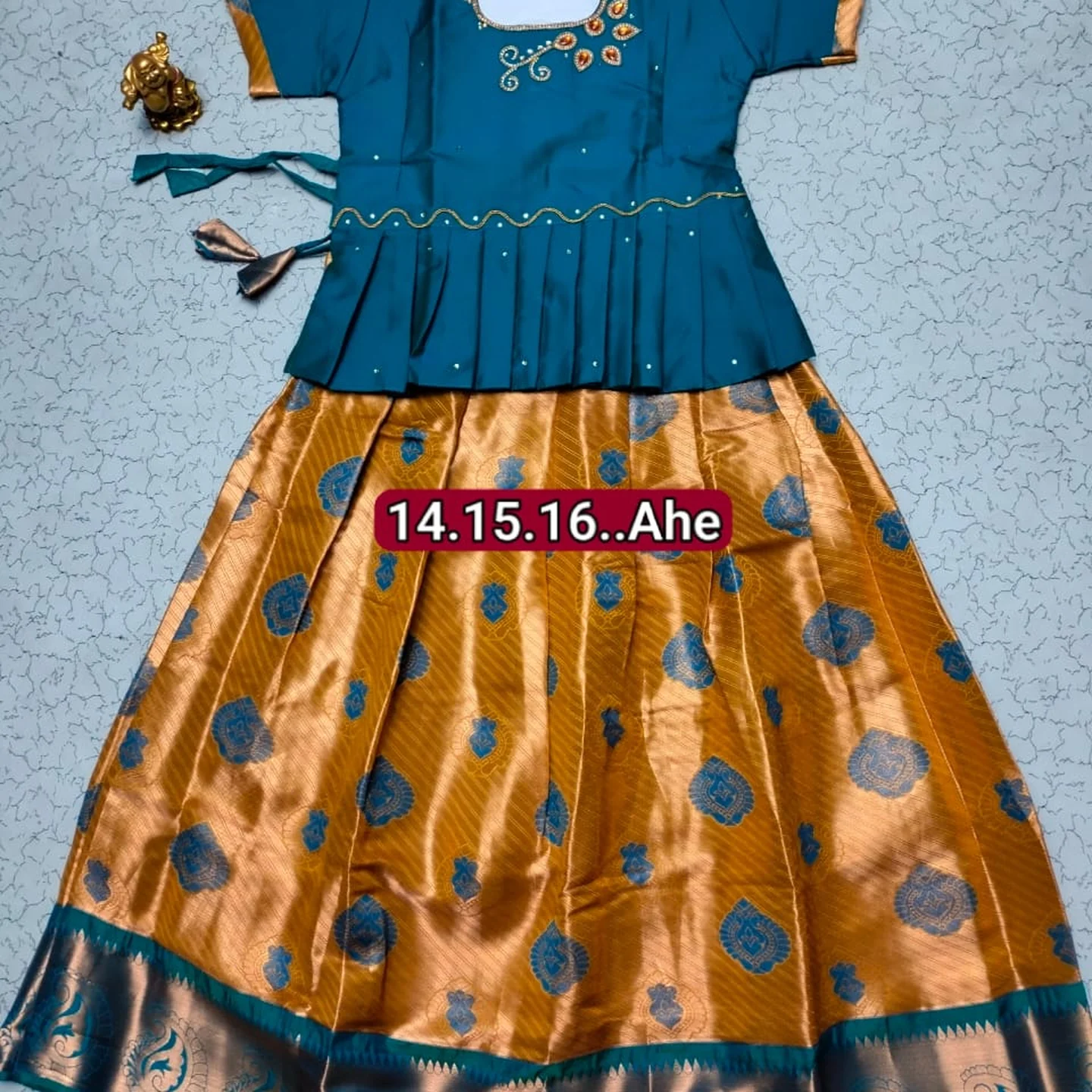 Girls' Semi Silk Pattu Pavadai Set - Teal & Mustard