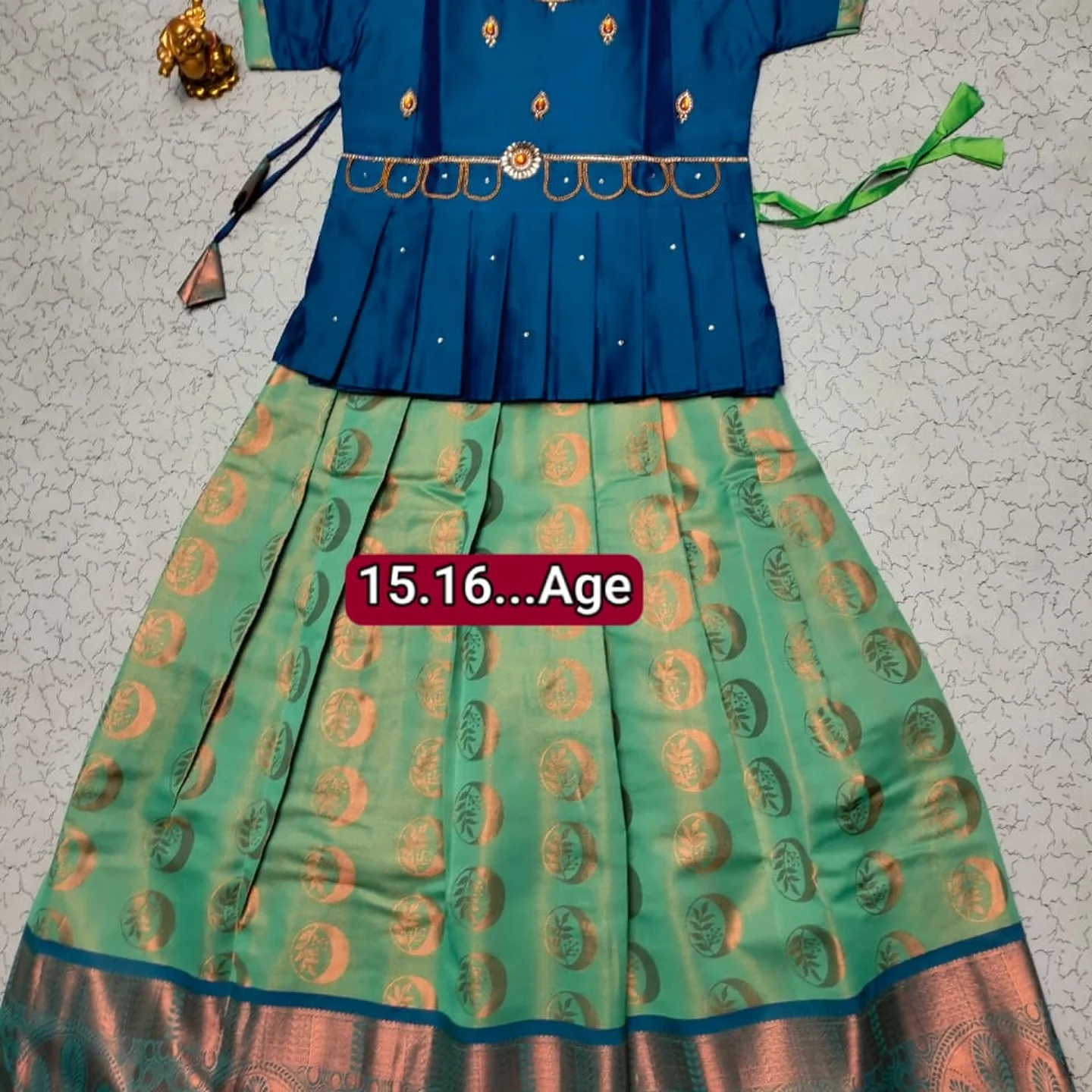 Girls' Semi Silk Pattu Pavadai Set - Teal & Sea Green
