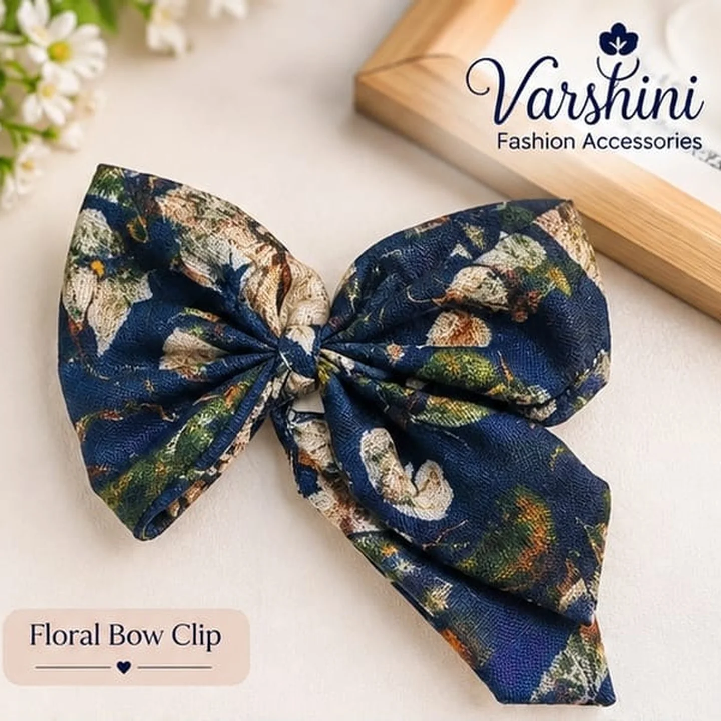 Navy Floral Bow Hair Clip
