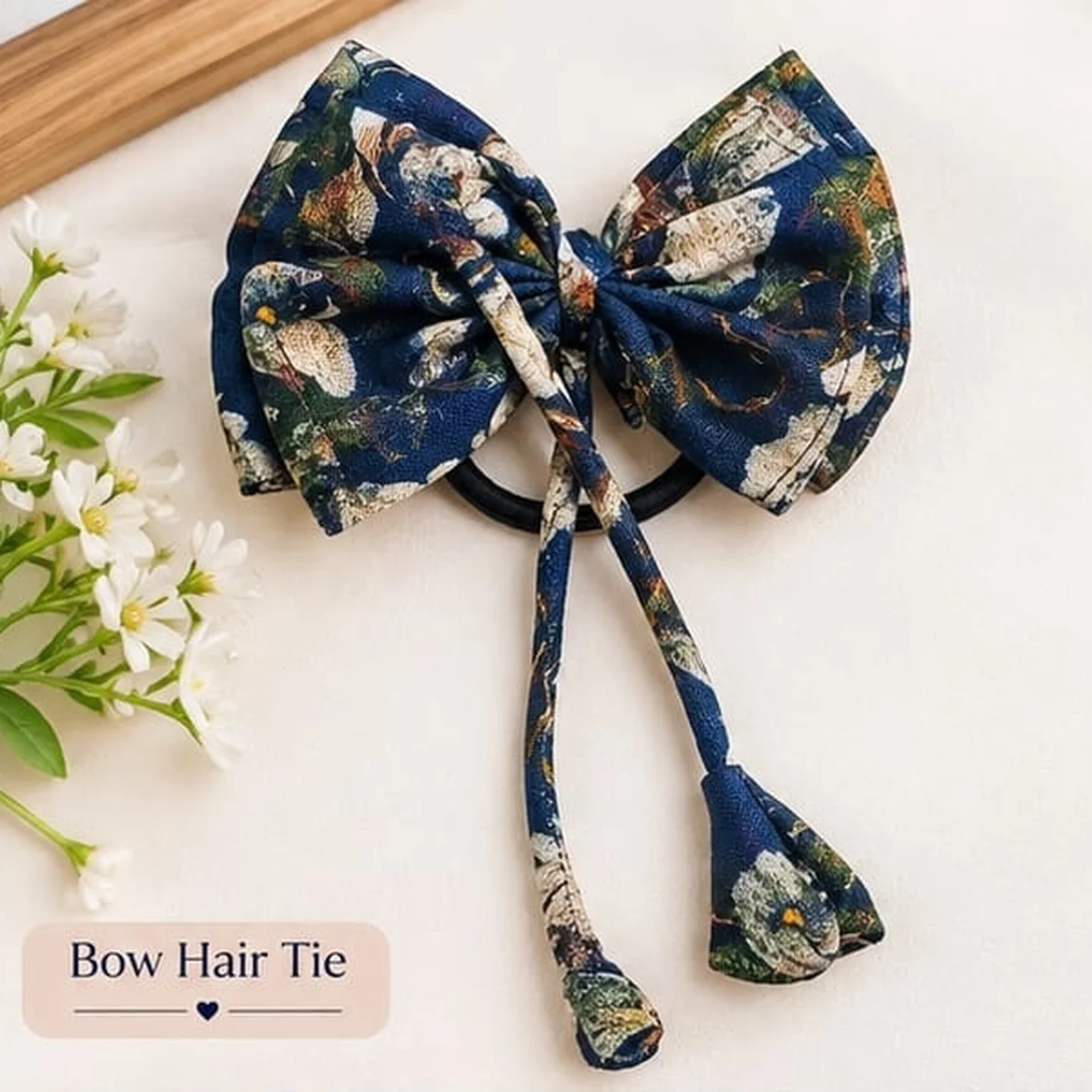 Navy Floral Bow Hair Tie with Long Tails