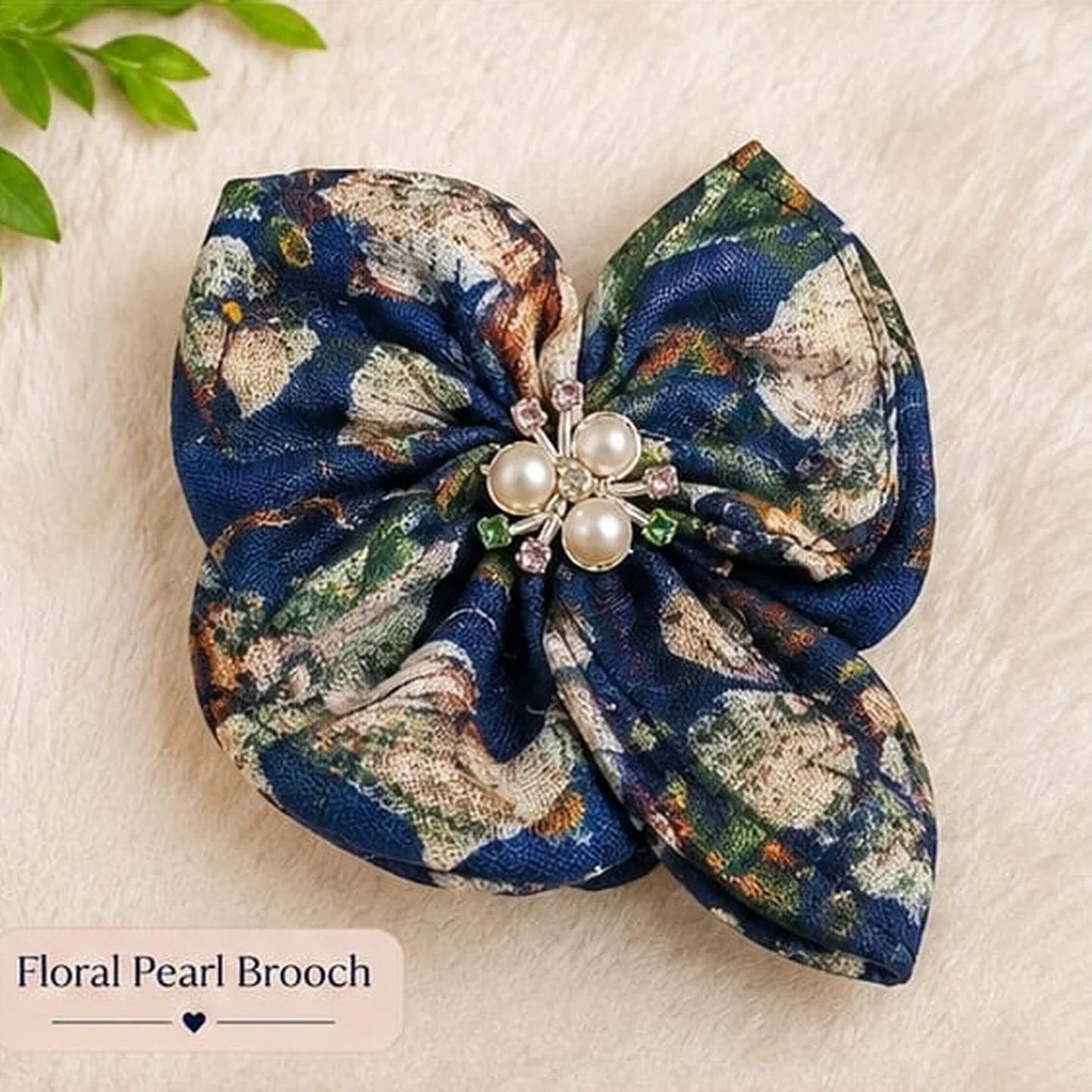 Navy Floral Pearl Bow Hair Clip