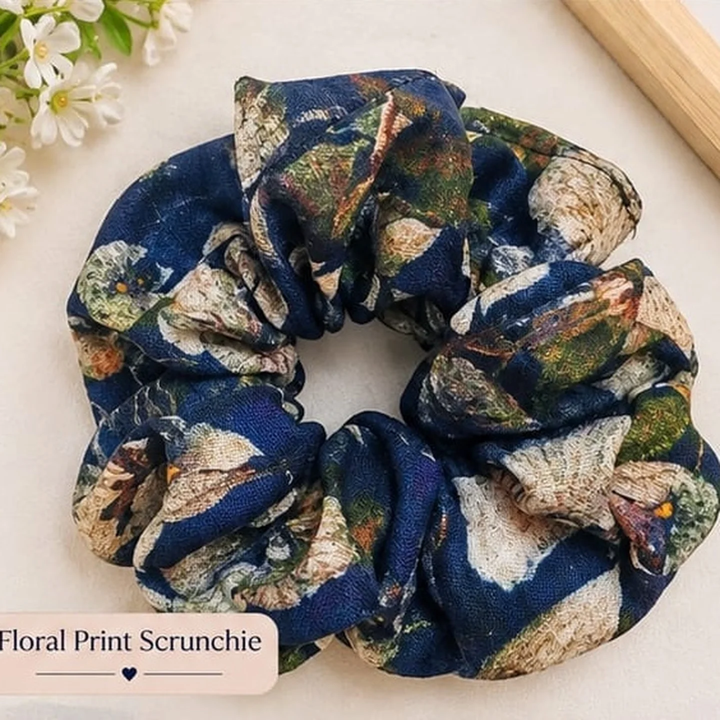 Navy Floral Print Scrunchie