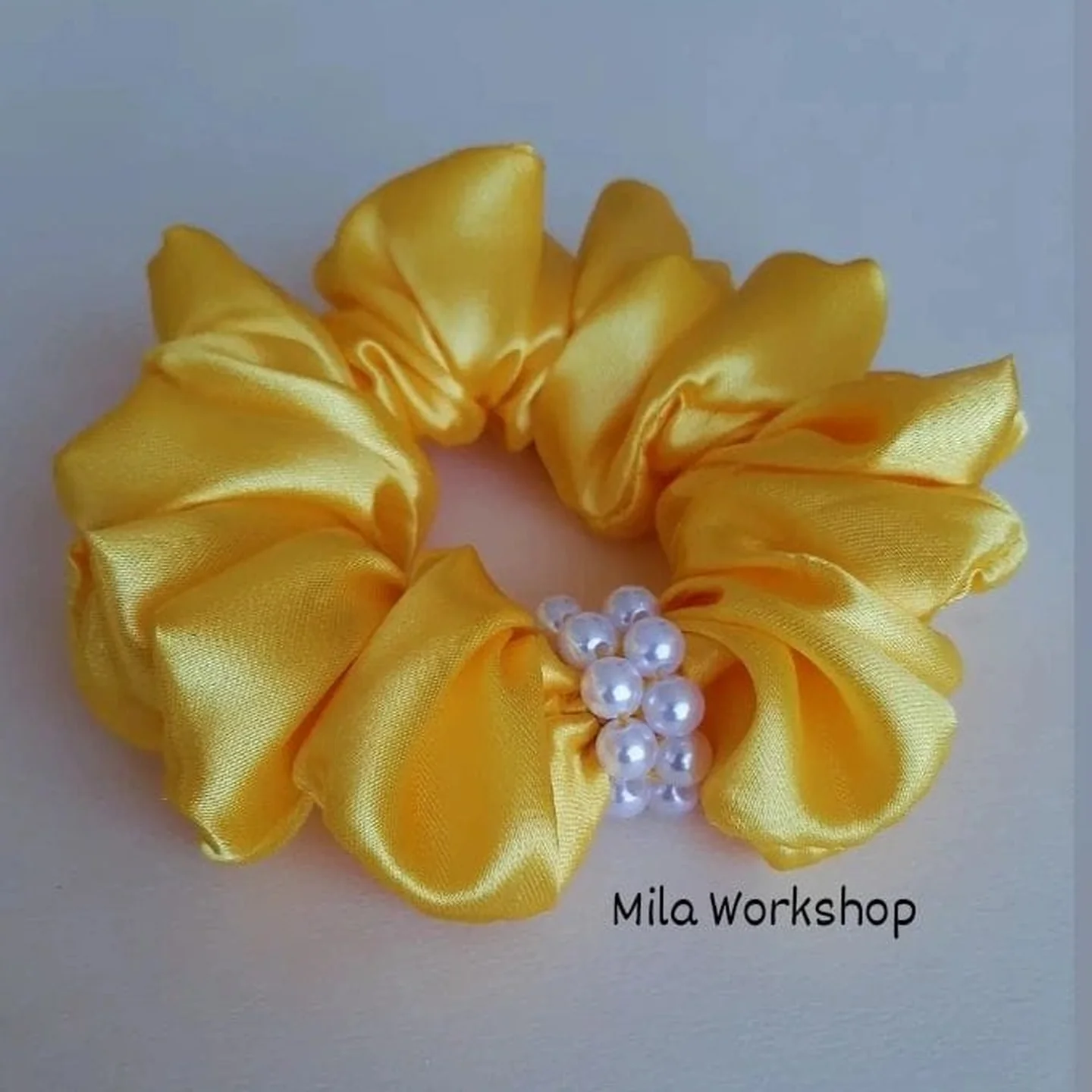 Yellow Satin Scrunchie with Pearl Cluster